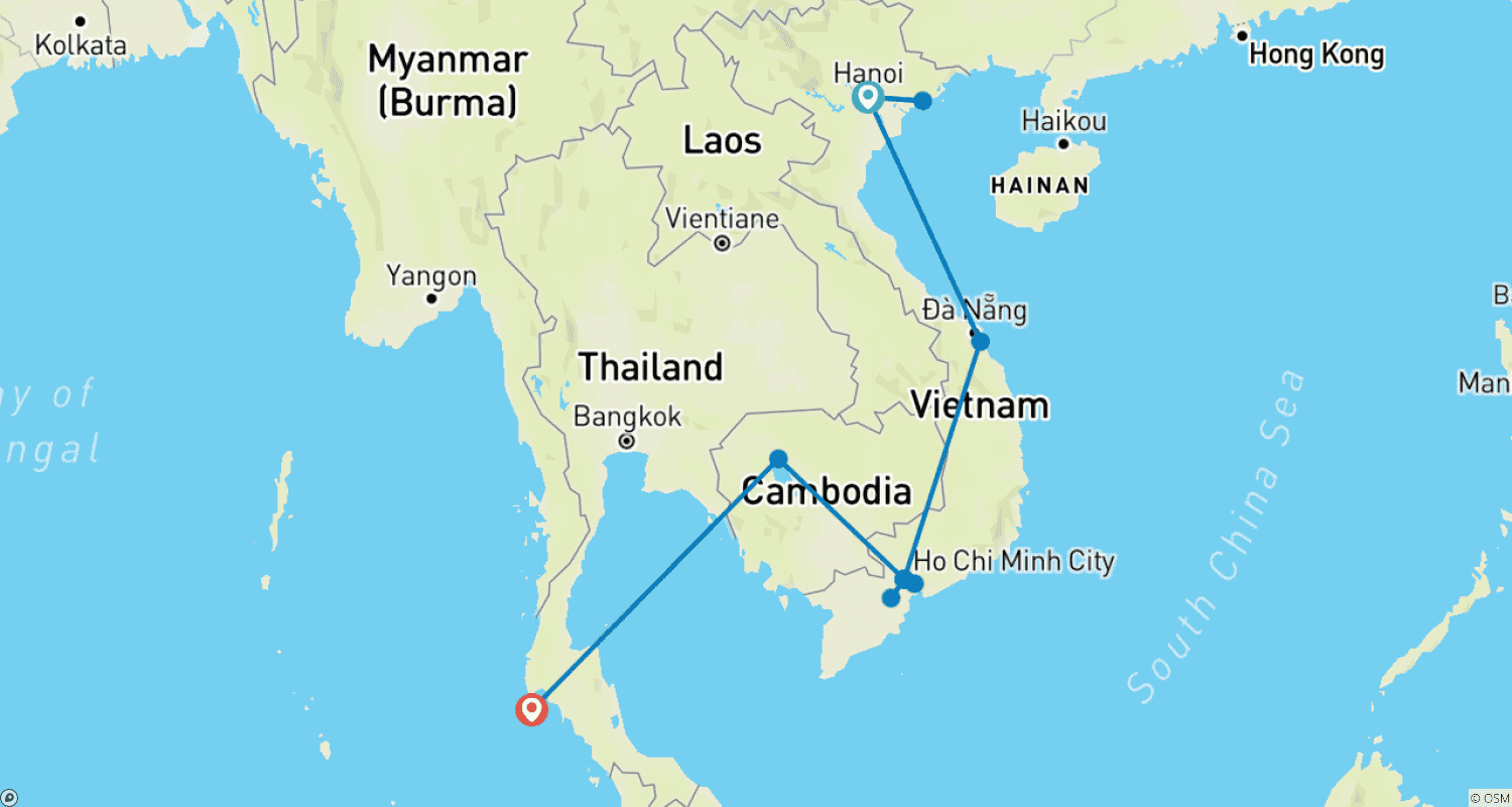 Mapa do percurso de Triângulo do Vietnã - Camboja - Tailândia em 16 Dias