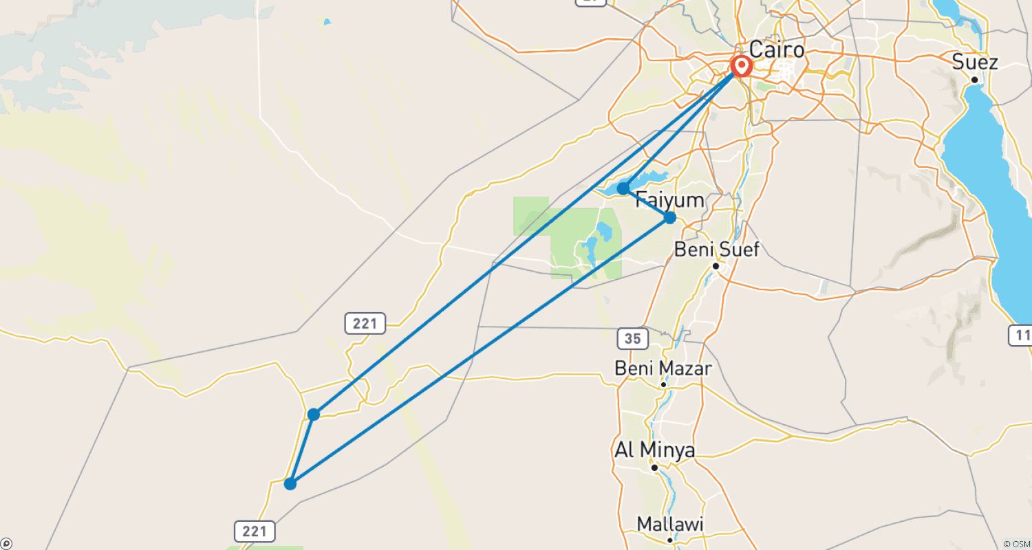 Mapa do percurso de FAYOUM • WHITE DESERT • BLACK DESERT • BAHARIYA OASIS — A Crossing of Fossil Plains and Dune Corridors