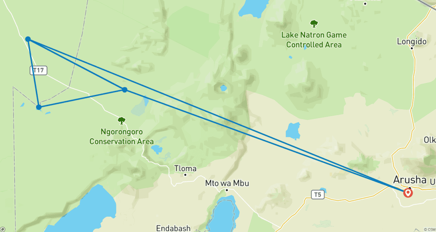 Mapa trasy: Z Arushy 4 dni safari po sawannie do krateru: Serengeti i Ngorongoro Safari Trip