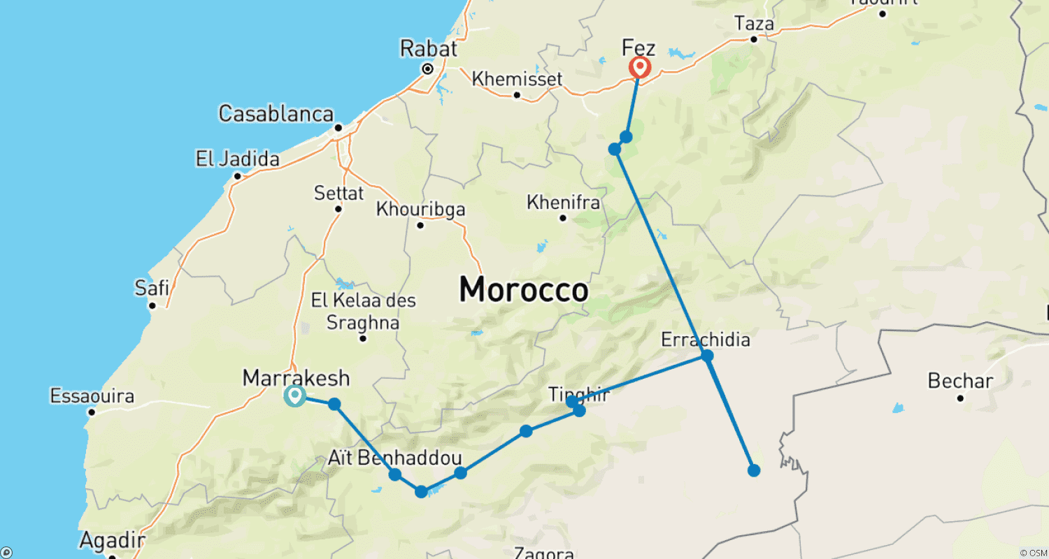 Mapa do percurso de 3 DIAS PARA O DESERTO DE MERZOUGA, PARTIDA PARA FEZ DE MARRAQUEXE