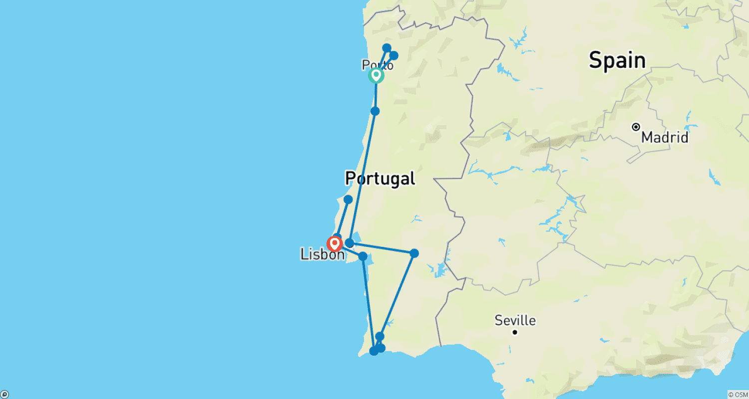 Mapa do percurso de Portugal Ensolarado com Porto (De Porto a Cascais)