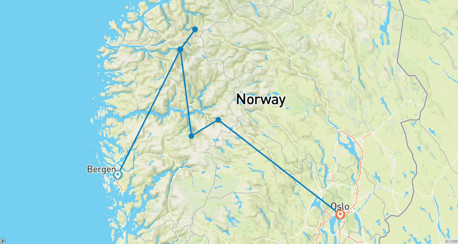 Mapa do percurso de Destaques da Noruega (Bergen a Oslo) (2025)