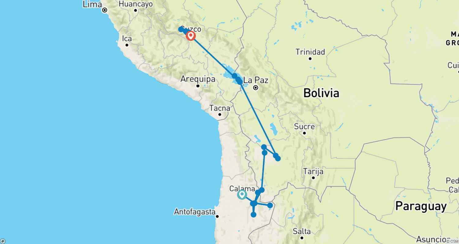 Mapa do percurso de 15 Dias de Maravilhas Sul-Americanas: Chile, Bolívia e Peru