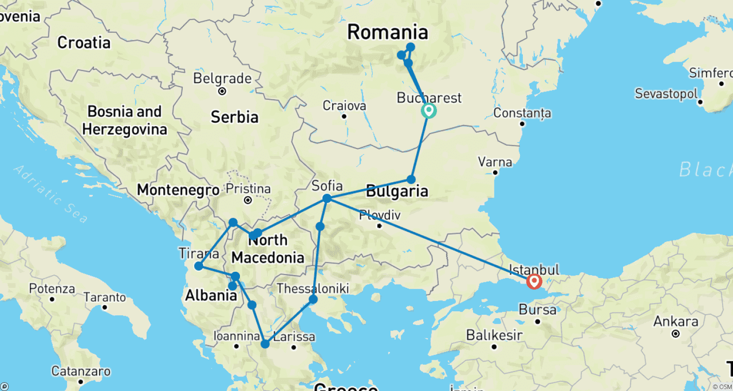 خريطة مسار From Bucharest to Istanbul Balkan Discovery & Greece Tour 1 FLIGHT INCLUDED - Small Group Tour