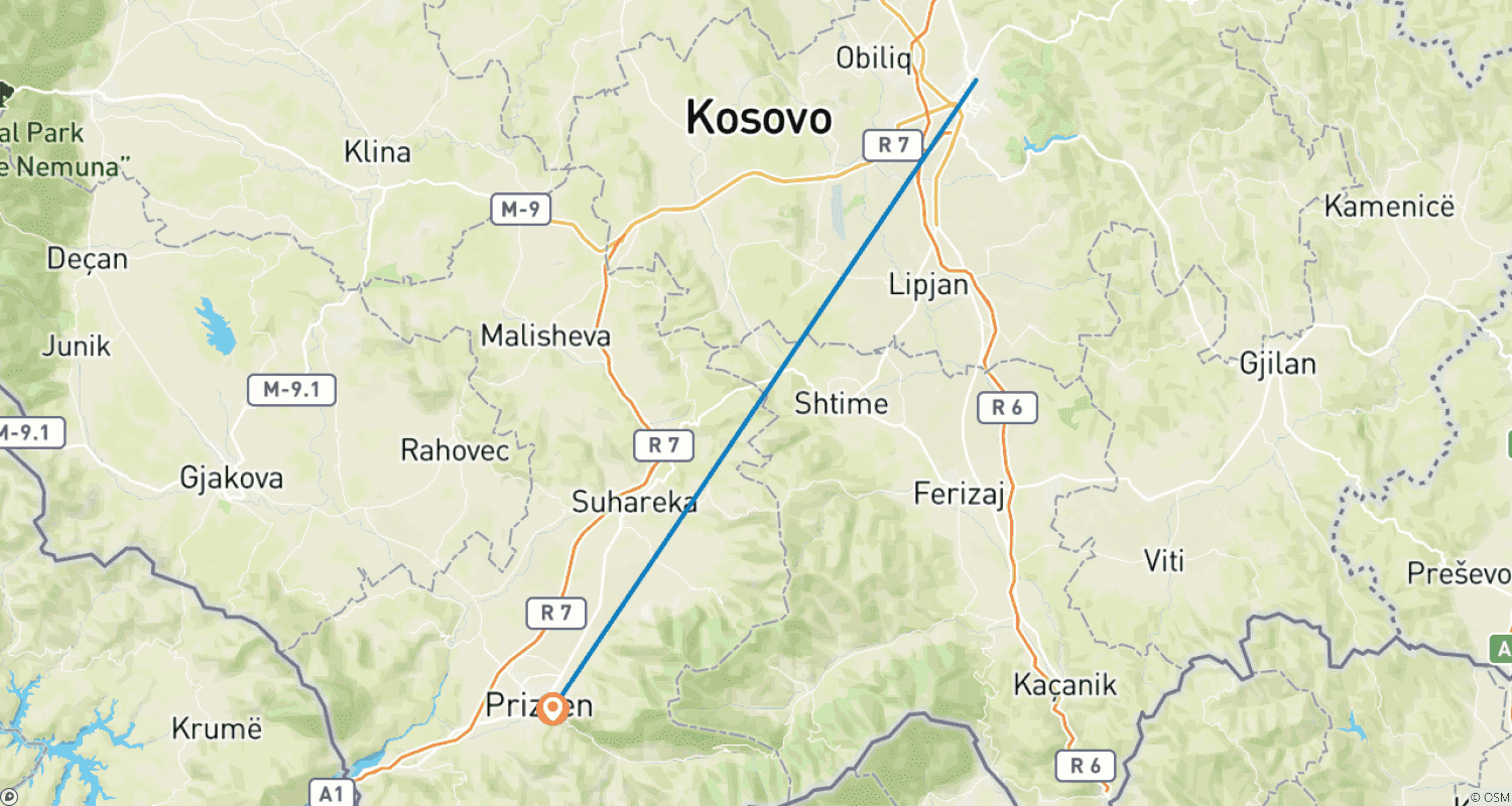 Mapa do percurso de Excursão de um dia a Prizren saindo de Pristina; Semi-Privada