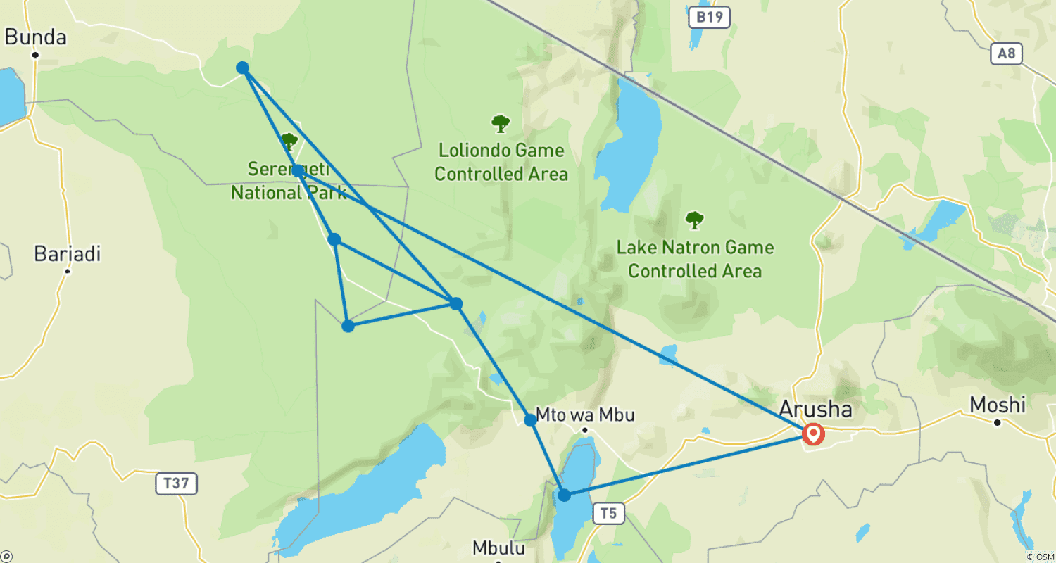 Mapa do percurso de De Arusha: 6 dias de Aventura Icónica de Safari na Tanzânia: Da Savana à Cratera: Serengeti, Parque Nacional do Lago Manyara
