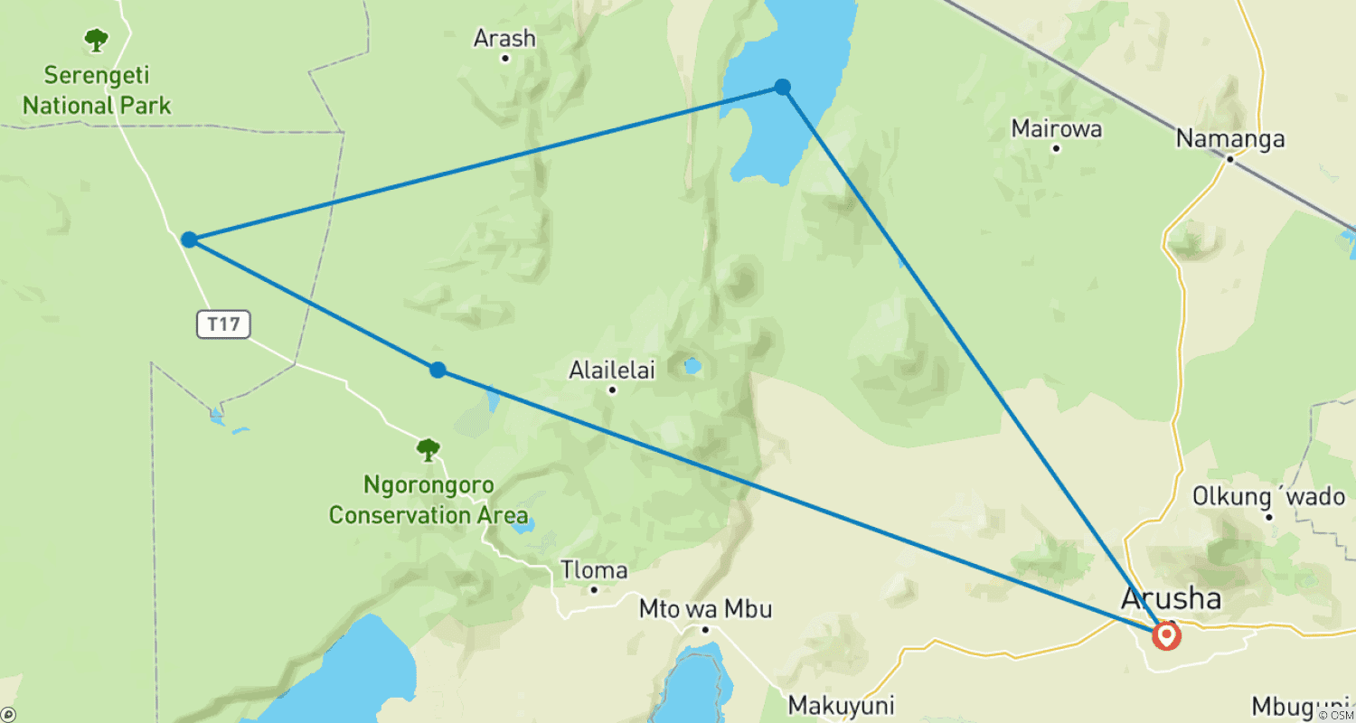 Mapa trasy: Z Arushy 6-dniowa podróż przez jeziora, sawanny i kratery: Ikony Tanzanii – Jezioro Natron, wycieczka safari po Serengeti