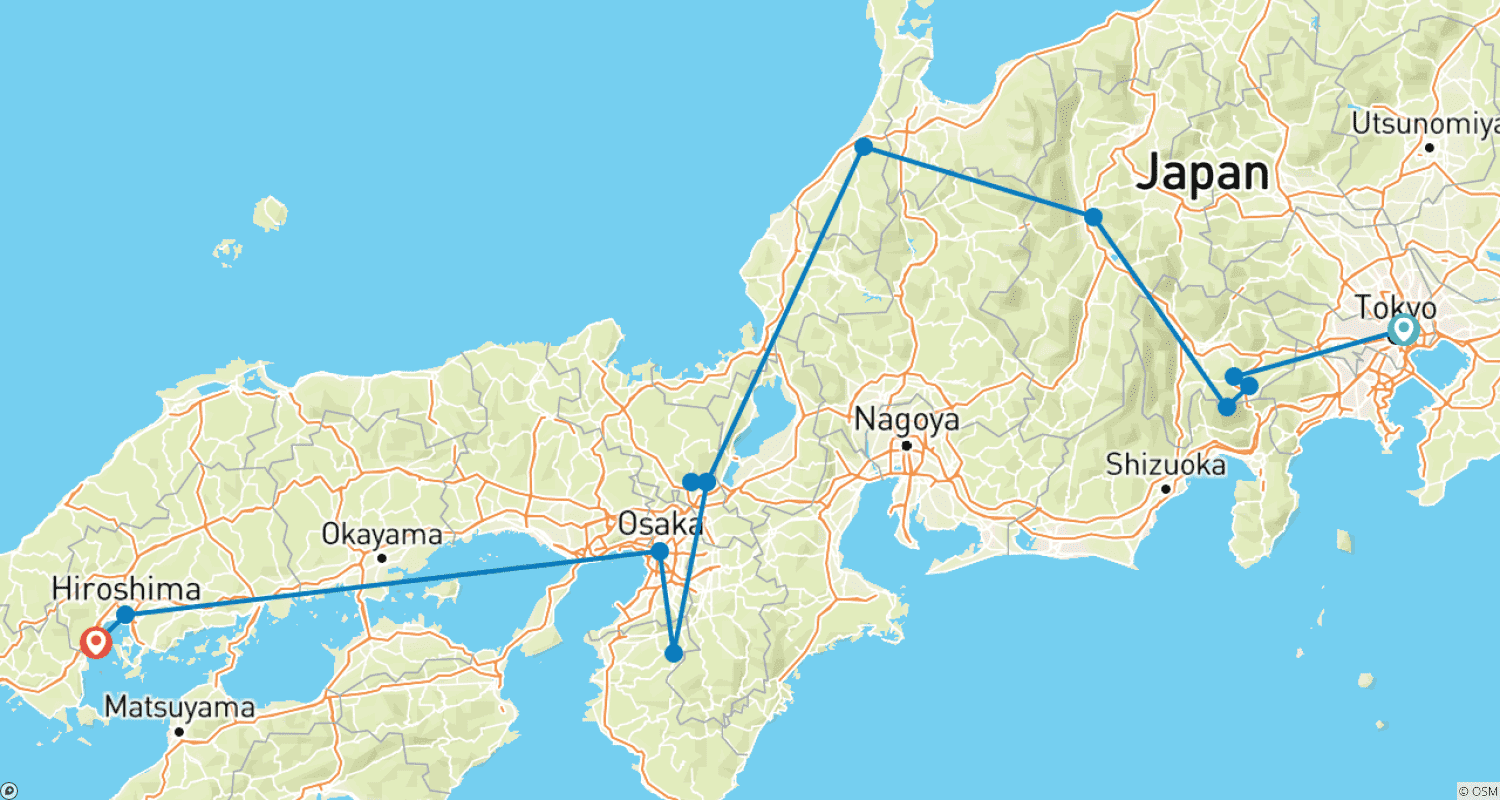 Mapa trasy: 14 Dni Japonia Panoramiczna Wycieczka Historyczna (prywatny przewodnik i kierowca)