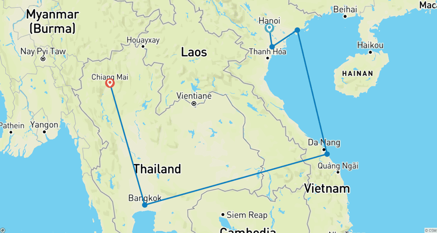 Mapa do percurso de Magnífica Rota da Indochina em 12 Dias (Vietnã, Tailândia)
