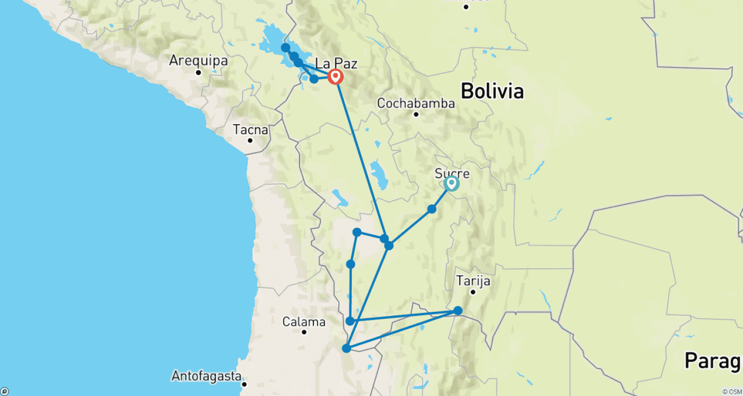 Mapa do percurso de 13 Days Bolivia Culture & Traditions