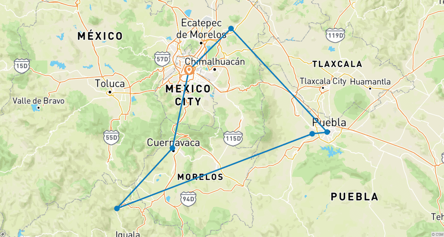 Mapa do percurso de México Expresso: Tour de 6 Dias: Teotihuacan, Xochimilco e Joias Escondidas