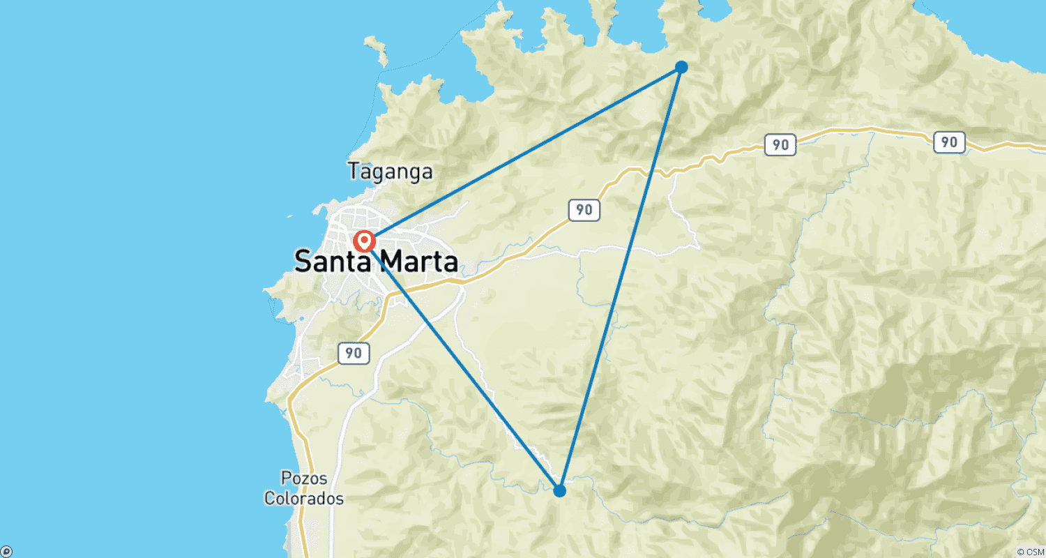 Mapa do percurso de Tour de 5 Dias por Santa Marta, Minca e Parque Nacional Tayrona