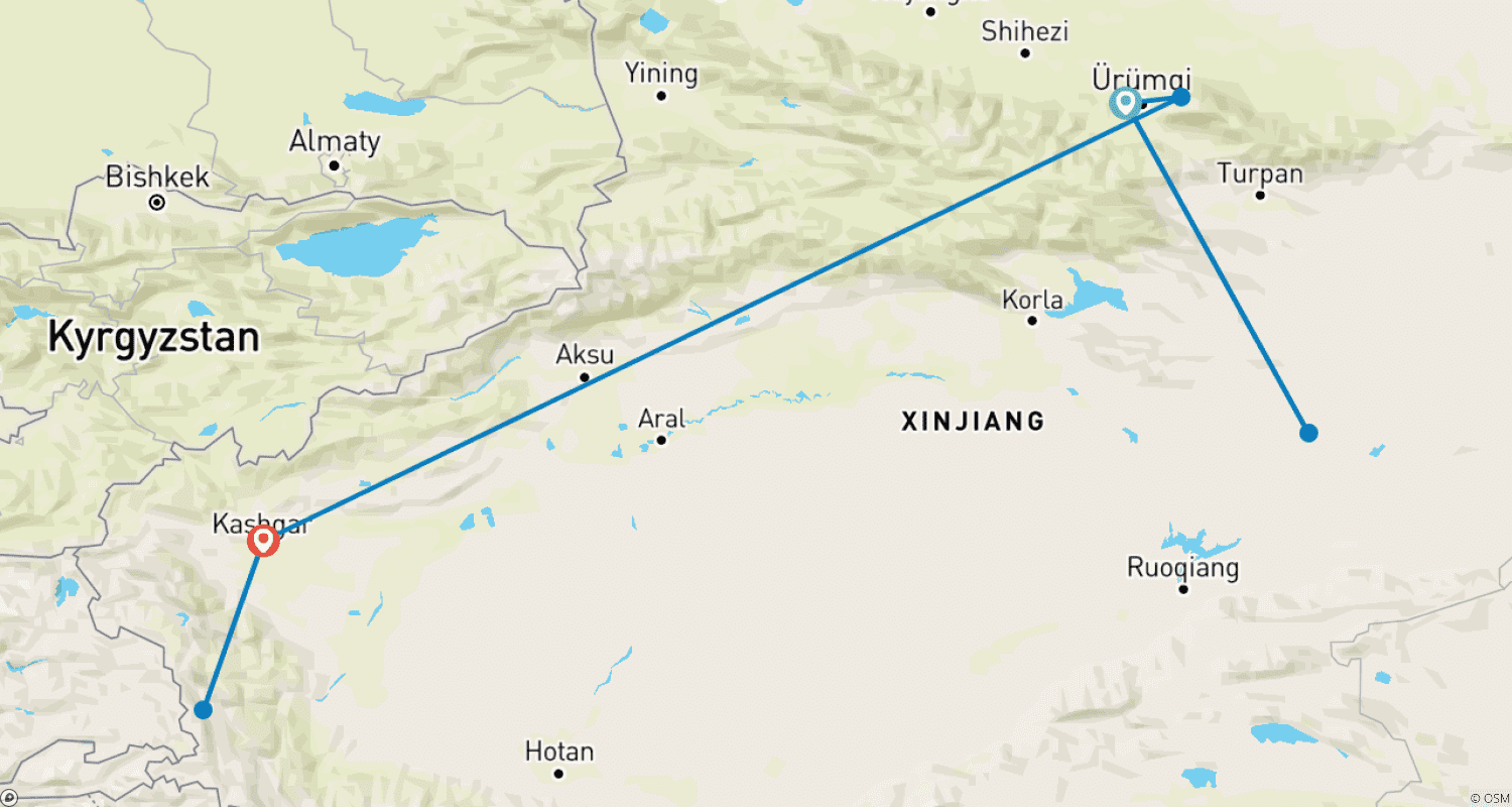 Mapa trasy: Komfortowa 8-dniowa wycieczka po Xinjiang: Urumqi, Tianchi, Turpan, Kashgar, Karakul, Taxkorgan