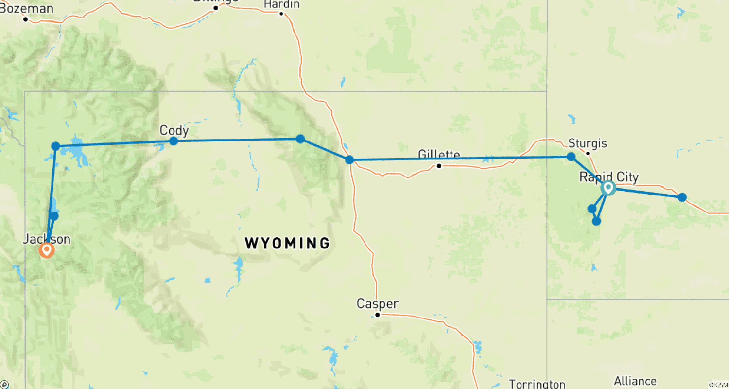 Mapa do percurso de A Terra dos Cowboys da América (Rapid City, Dakota do Sul a Jackson, Wyoming) (2027)