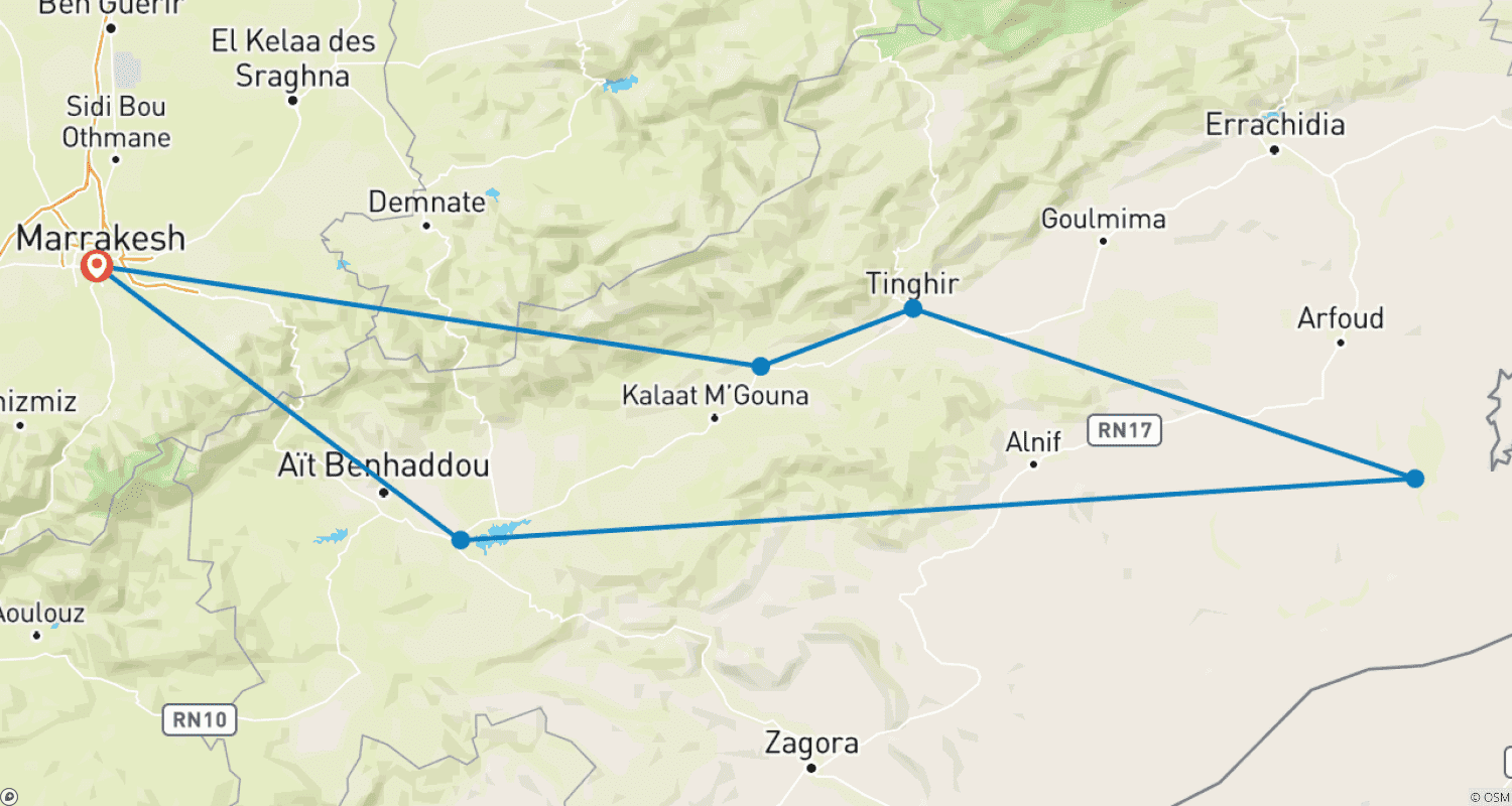 Mapa do percurso de Excursão de 5 Dias de Marraquexe a Merzouga (Privada)