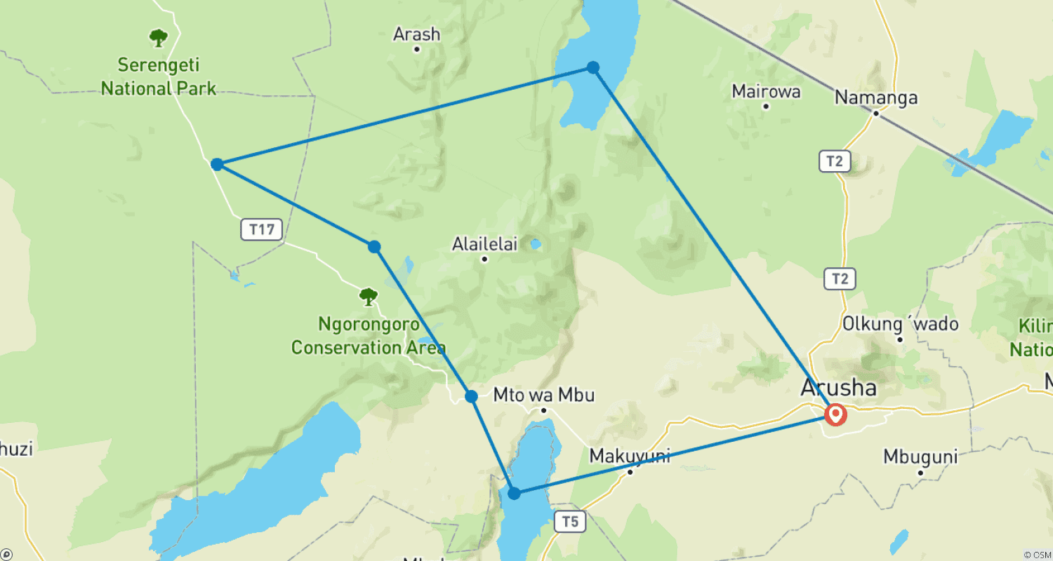 Mapa do percurso de De Arusha: 8 dias de Parques Nacionais e Maravilhas Naturais – Lago Natron/Manyara, Reserva de Caça Pololeti, Viagem de Safari no Serengeti