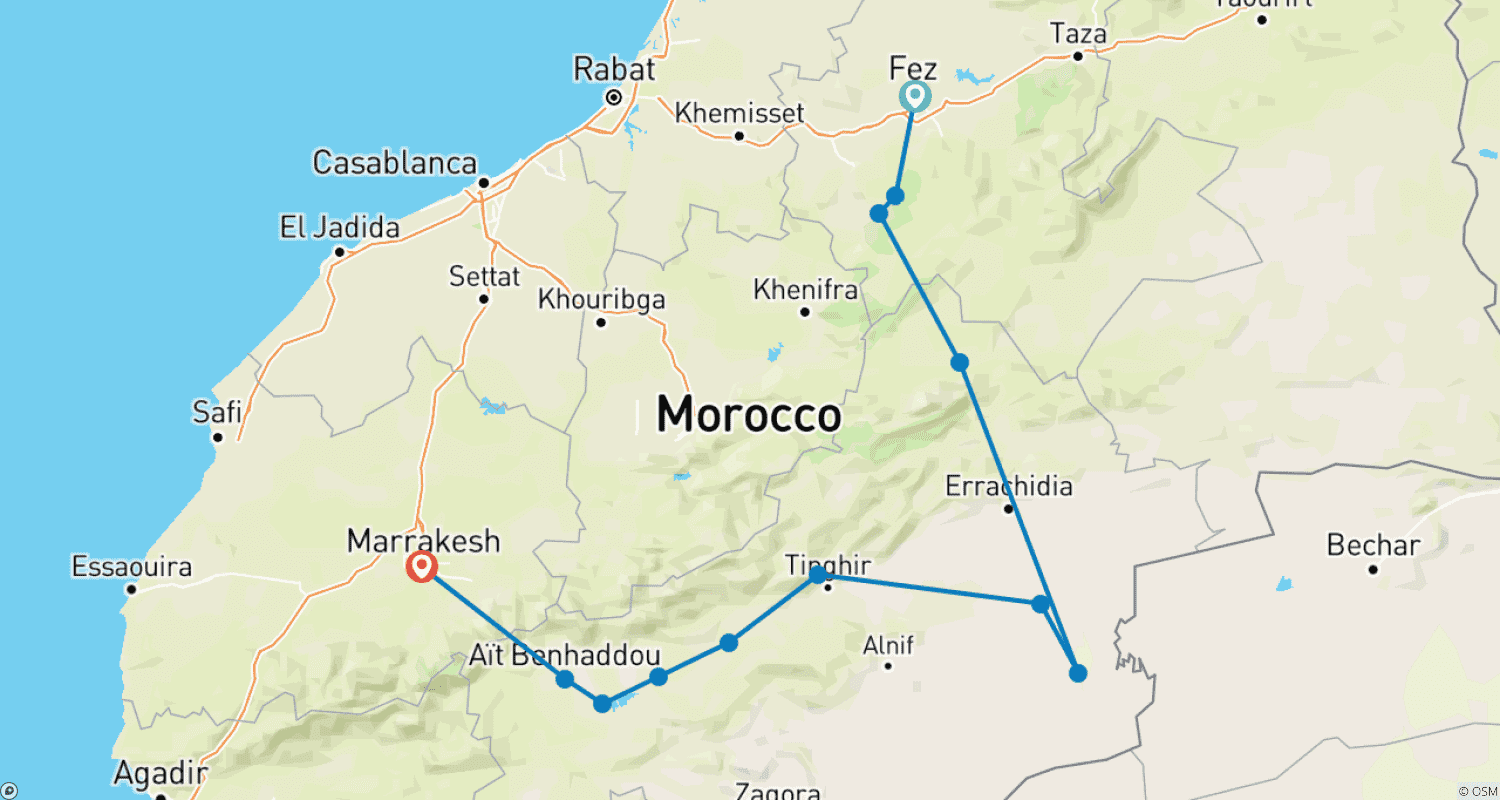 Mapa trasy: 2 dni i 1 noc: Wycieczka po pustyni z Fezu do Marrakeszu