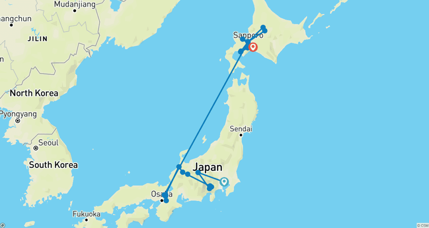 خريطة مسار 15-Day Wonders of Japan and Hokkaido Tour (private guide & driver）