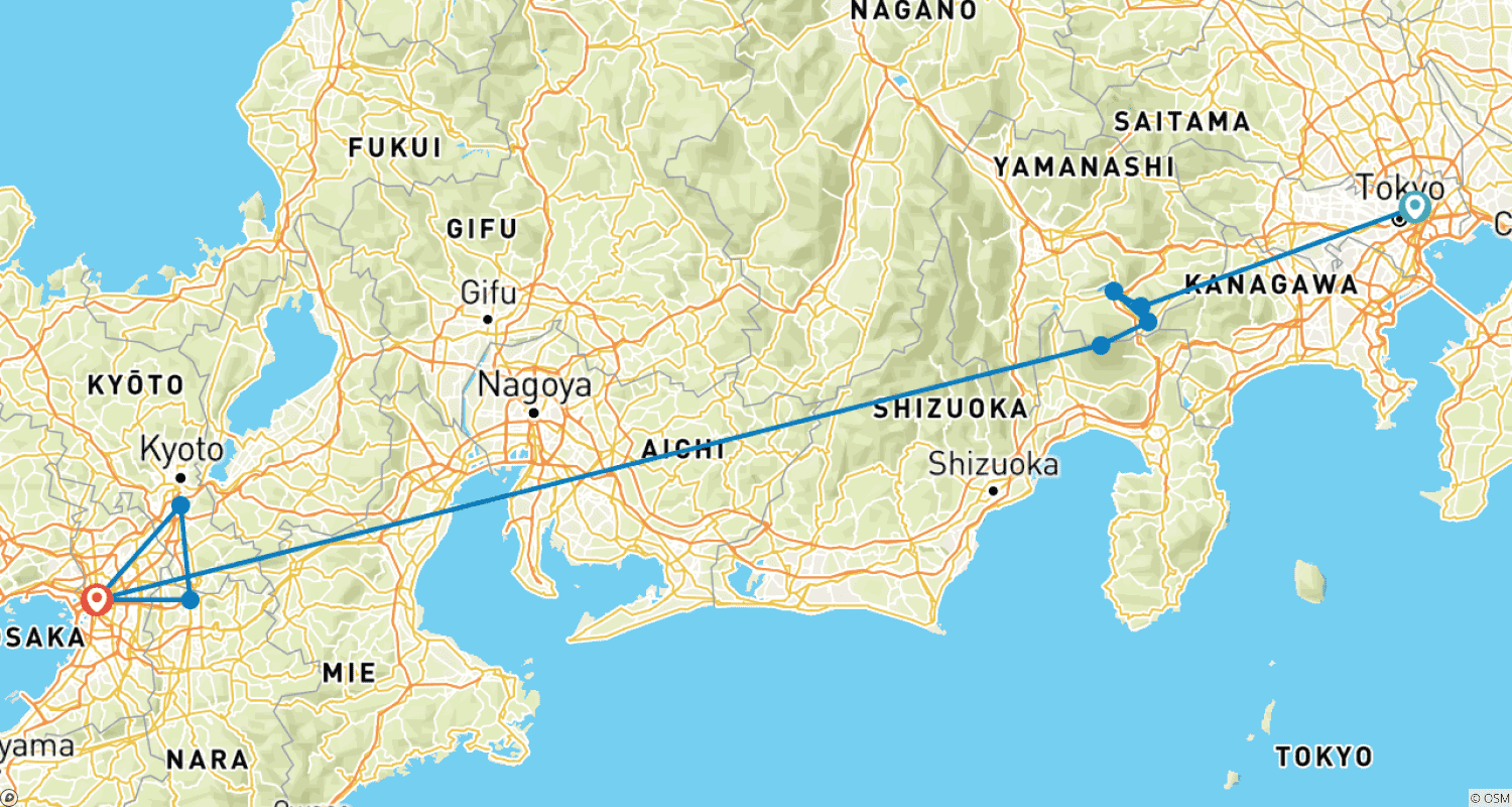 خريطة مسار 7 Days  Tokyo and Kansai Classic Tour with Kids (private guide & driver）