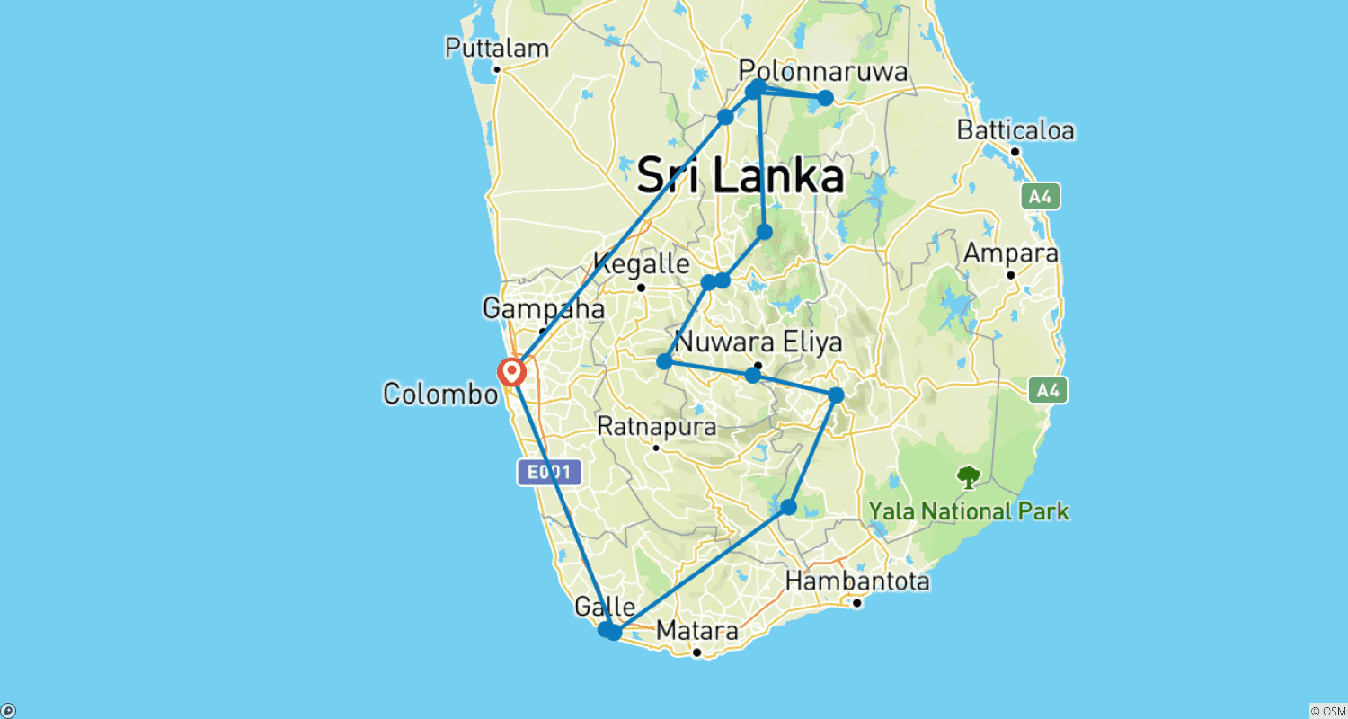 Mapa do percurso de Excursão Ativa de 13 Dias no Sri Lanka: Surf, Rafting, Caminhada