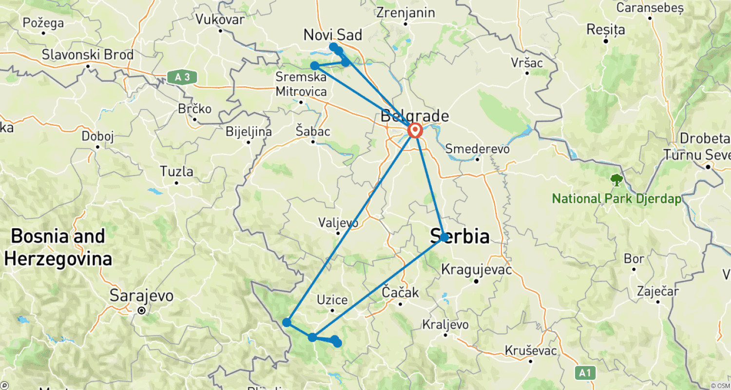 Mapa do percurso de Sérvia Desvendada - 7 dias