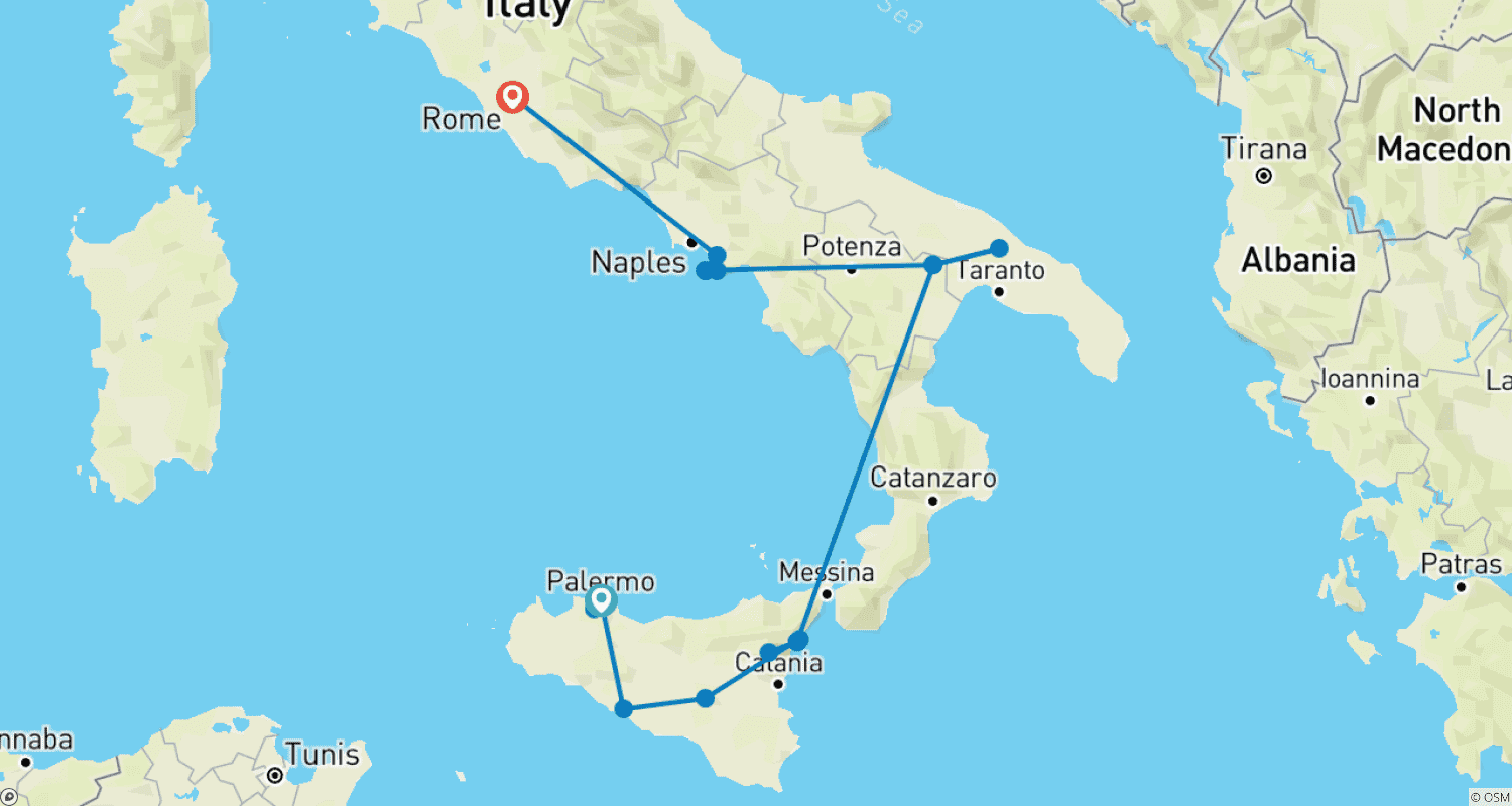 Mapa trasy: Południowe Włochy i Sycylia z Taorminą, Materą i Wybrzeżem Amalfi (Palermo do Rzymu) (2026)