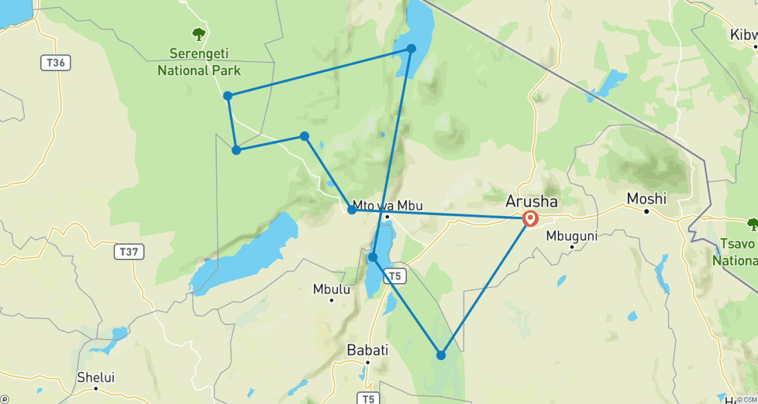 Mapa trasy: Z Arushy: 14-dniowe kompletne safari po Północnym Obwodzie Serengeti, Jezioro Natron, Jezioro Manyara