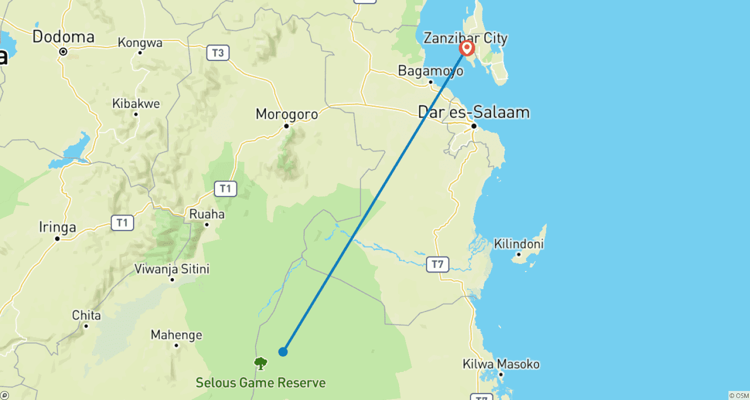 Mapa do percurso de 8 dias em Zanzibar: Sonhos na Ilha e Aventura de Safári em Selous