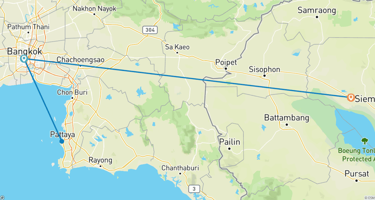 Mapa do percurso de 9 Dias de Maravilhas da Tailândia e do Camboja