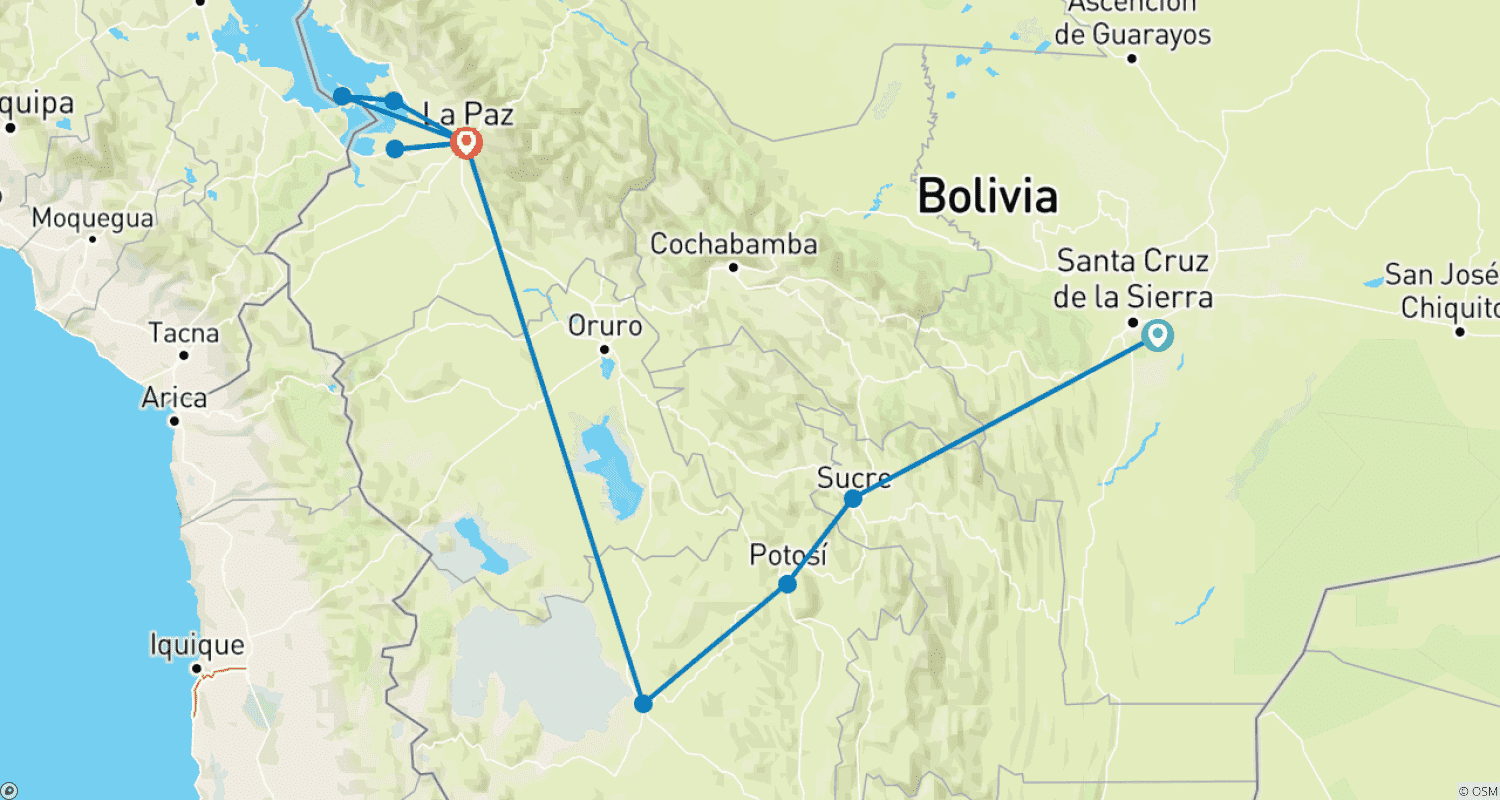 Mapa do percurso de 11 Dias de Cultura e Natureza Boliviana saindo de Santa Cruz