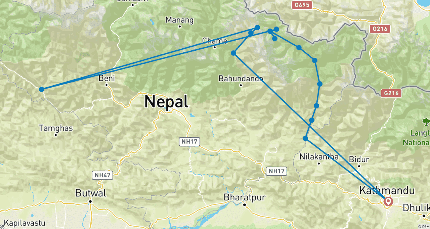 Mapa do percurso de Caminhada do Circuito Manaslu