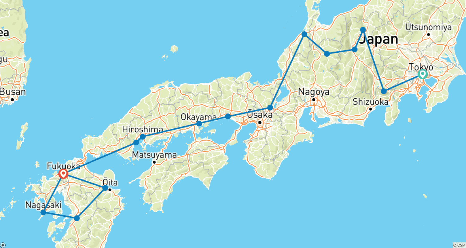 Mapa do percurso de 20-Day Tokyo to Kyushu Expedition (private guide & driver）