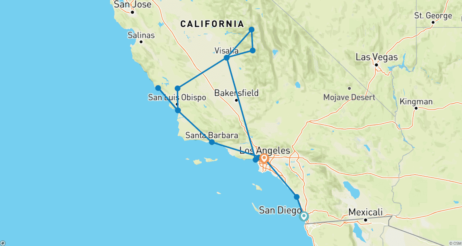 Mapa trasy: Nadbrzeżna Kalifornia i Park Narodowy Sekwoi z San Diego, Los Angeles i Pismo Beach (San Diego, Kalifornia do Los Angeles, Kalifornia) (2027)