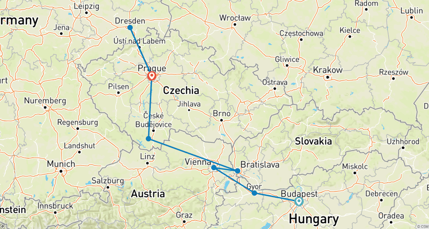 Mapa trasy: Spokojne tempo: Budapeszt, Wiedeń i Praga (Małe grupy, Lato)
