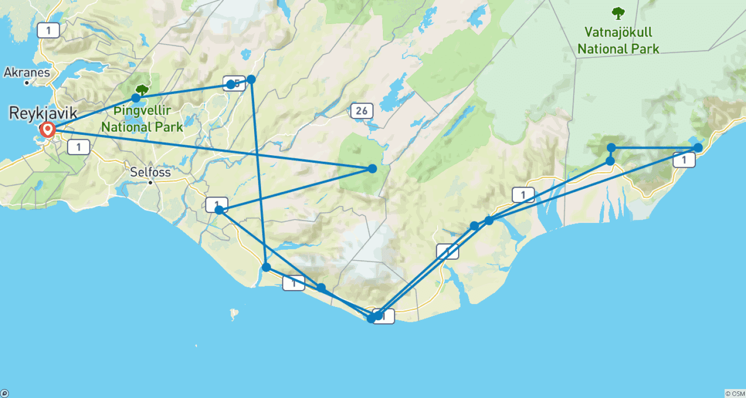 Mapa trasy: 4-dniowa wycieczka: Złoty Krąg, Południowe Wybrzeże i gorące źródła Landmannalaugar