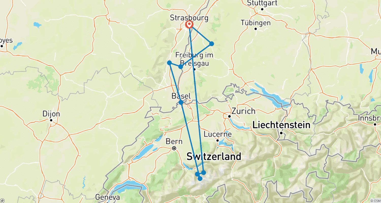Mapa do percurso de Do Coração da Alsácia aos Picos dos Alpes Suíços (cruzeiro de porto a porto)