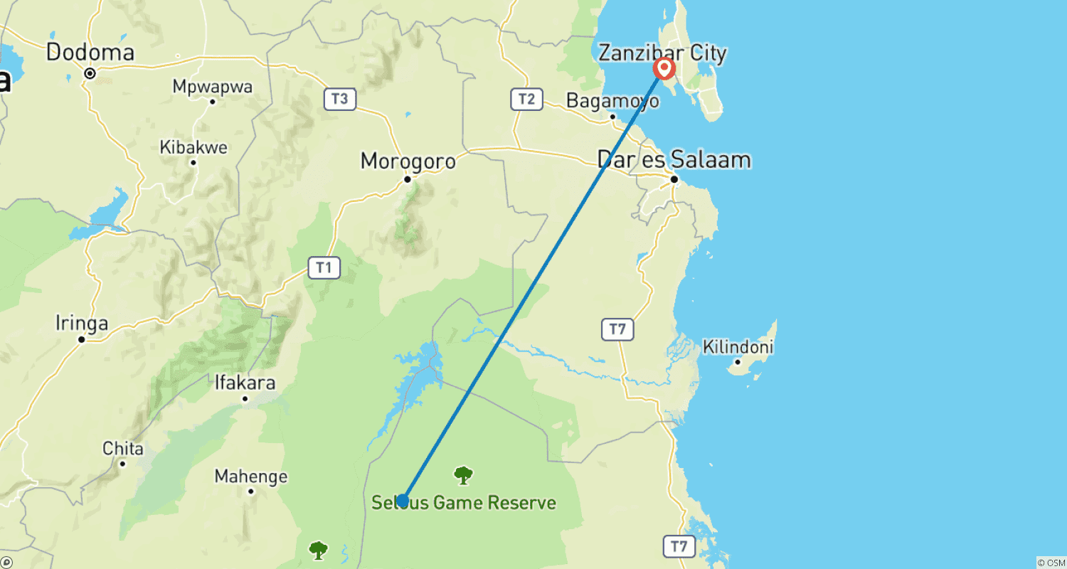 Mapa do percurso de De Zanzibar a Selous: 13 dias de Férias de Praia e Safári