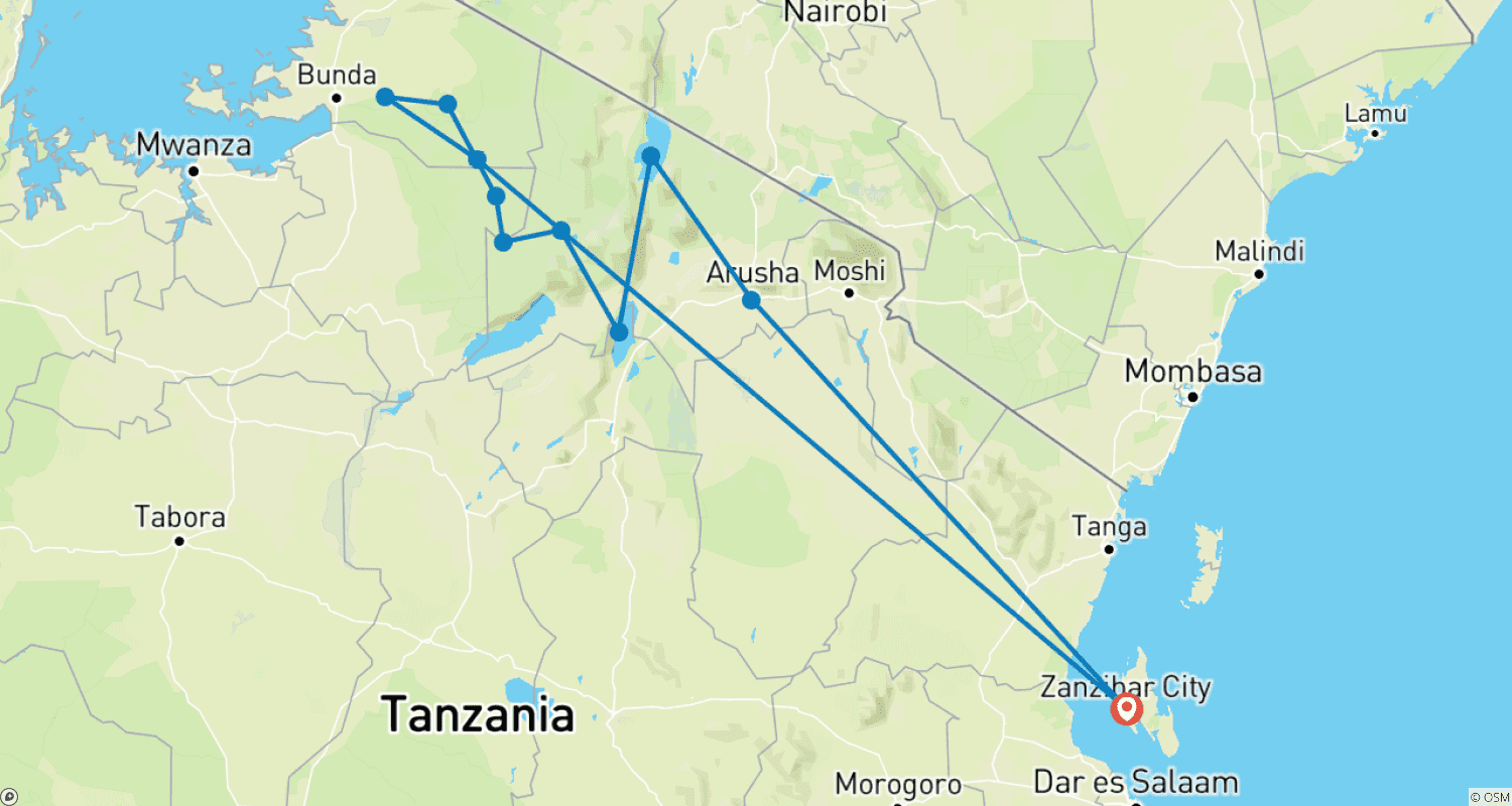 Mapa do percurso de From Zanzibar & Fly-In Serengeti : 15 days Safari Discover the Land of the Big Cats