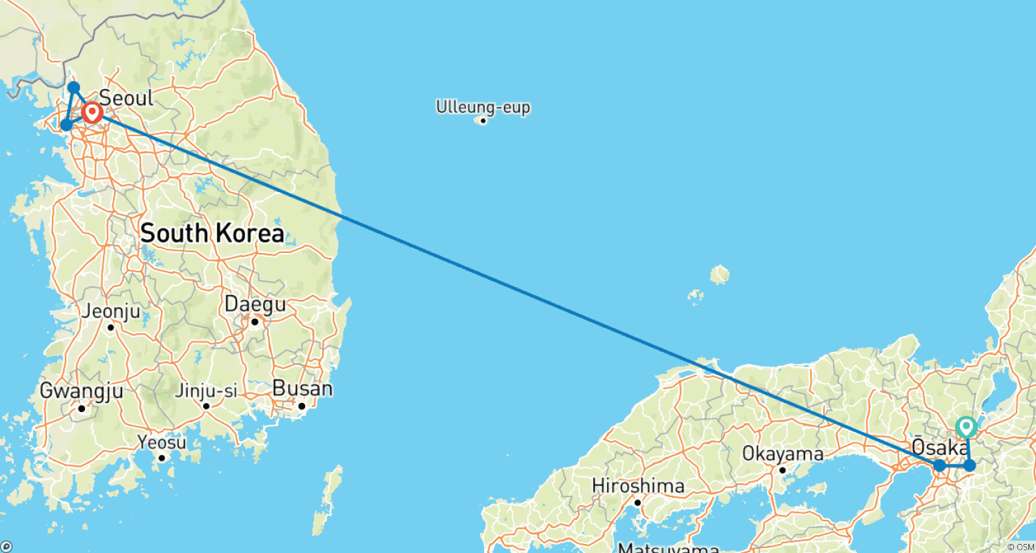 9日間 日本 関西&韓国ハイライトツアー(プライベートガイド&ドライバー付き)のルートマップ