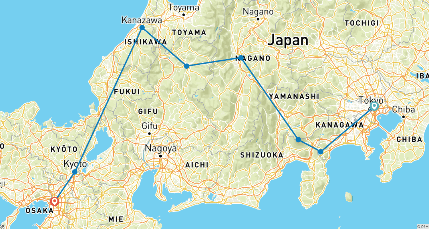 Mapa do percurso de 14 Dias de Lua de Mel no Japão: Flores de Cerejeira e Cultura Japonesa (guia e motorista particulares)