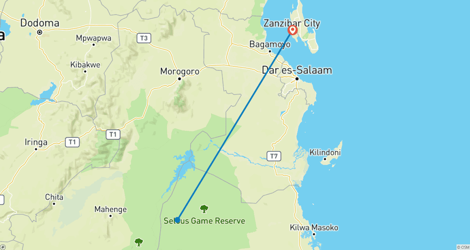 Mapa do percurso de De Zanzibar: Safari de 3 Dias em Selous com Voos