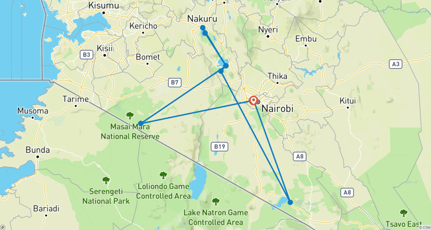 Mapa trasy: 7 dni Amboseli – Jezioro Naivasha – Hells gate – Masai Mara | Safari grupowe