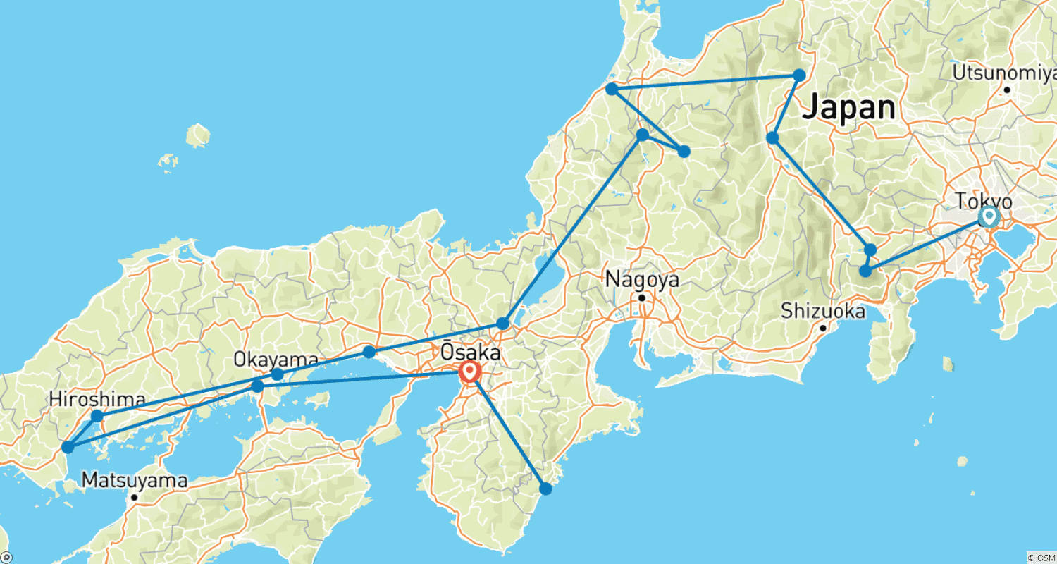 Mapa do percurso de 20 Dias de Passeios UNESCO no Japão (guia e motorista particulares)