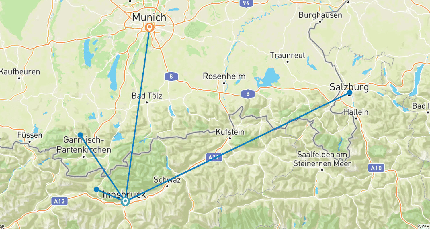 Mapa do percurso de Mercados de Natal Mágicos da Áustria e Alemanha (Innsbruck a Munique) (2026)