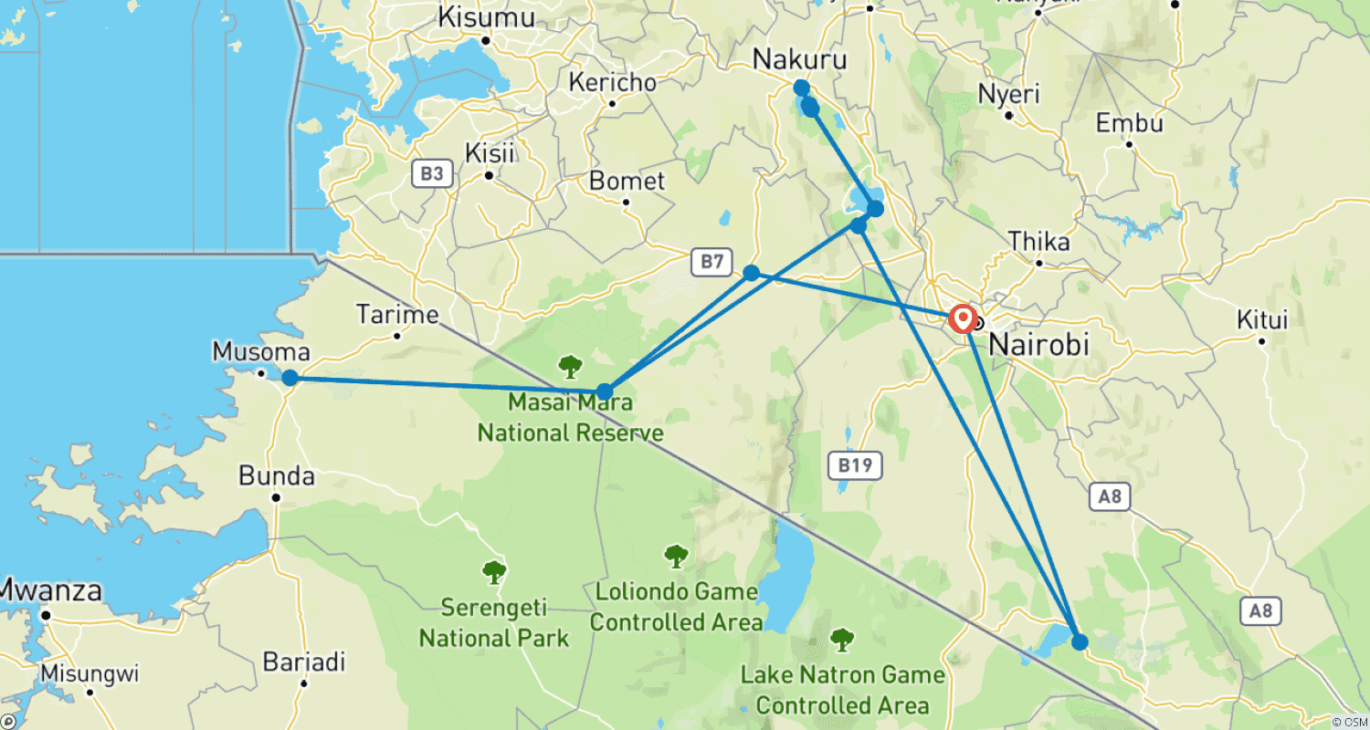 Mapa trasy: 7-dniowe safari grupowe w Kenii: Masai Mara, Jezioro Nakuru, Jezioro Naivasha i Amboseli