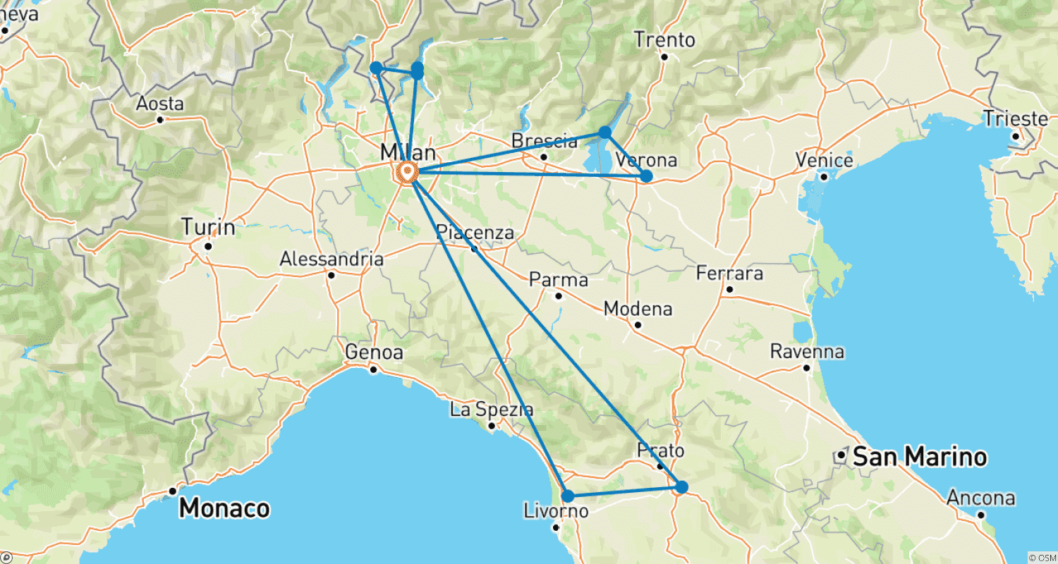 Mapa do percurso de 6 Dias em Milão, incluindo visita a Verona, Lago de Garda, Florença, Pisa, Lago de Como, Bellagio e Lugano.