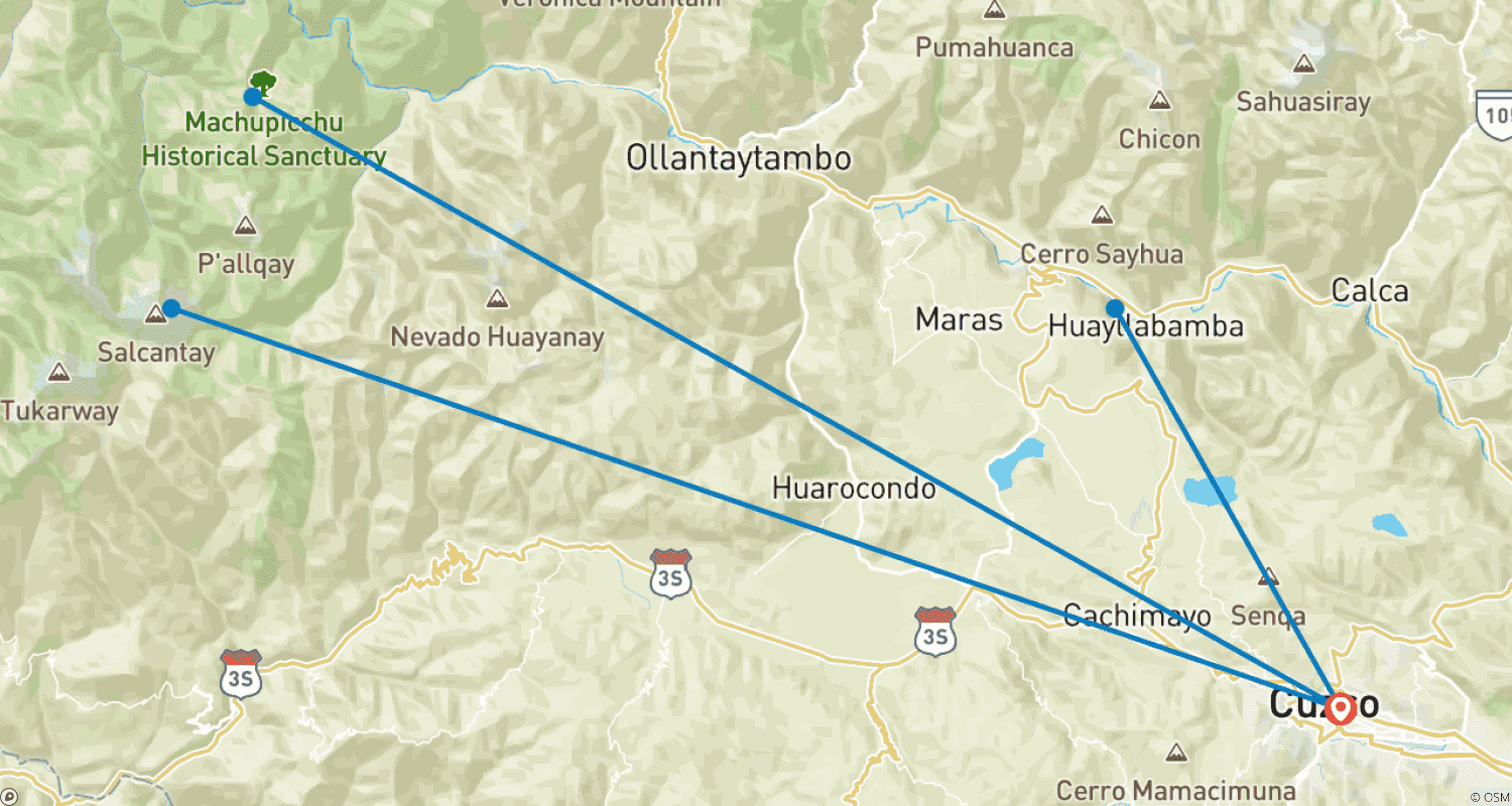 Mapa do percurso de 9 Dias de Cavalgada: Trilha Salkantay para Machu Picchu - Experiência de Luxo