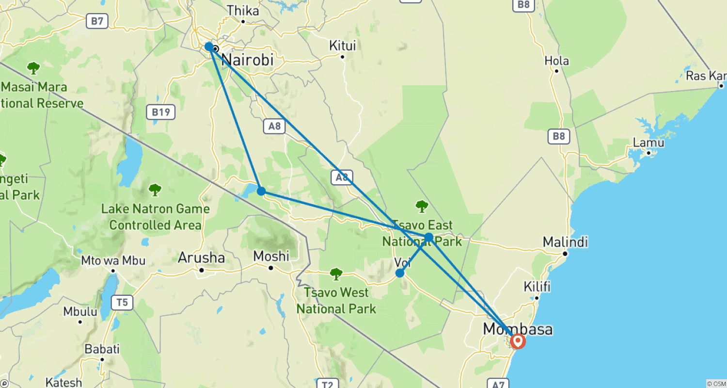 Mapa do percurso de Diani a Amboseli em 3 Dias – Uma Aventura Selvagem Que Você Vai Adorar