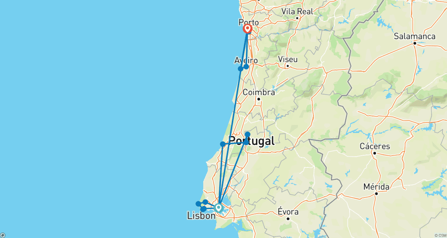 Mapa do percurso de 8 Dias em Lisboa e Porto com Passeio de Barco no Vale do Douro e Prova de Vinhos