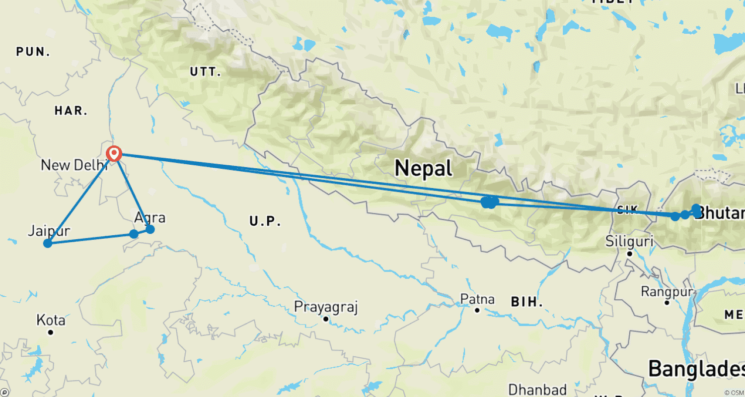 خريطة مسار Experience India Nepal and Bhutan- 3 Countries in 16 Days